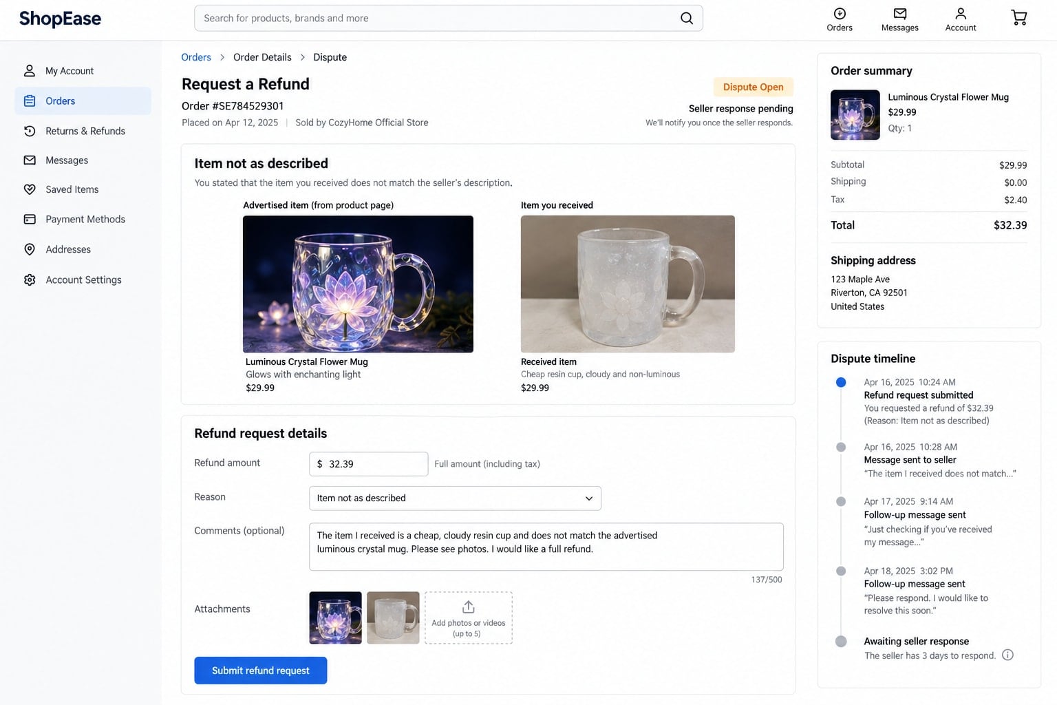 AI Crystal Mug Scam: How Fake Product Photos Turn Viral Ads Into Cheap Junk 2 Reconstructed refund page comparing an advertised crystal flower mug with a cheap resin cup received