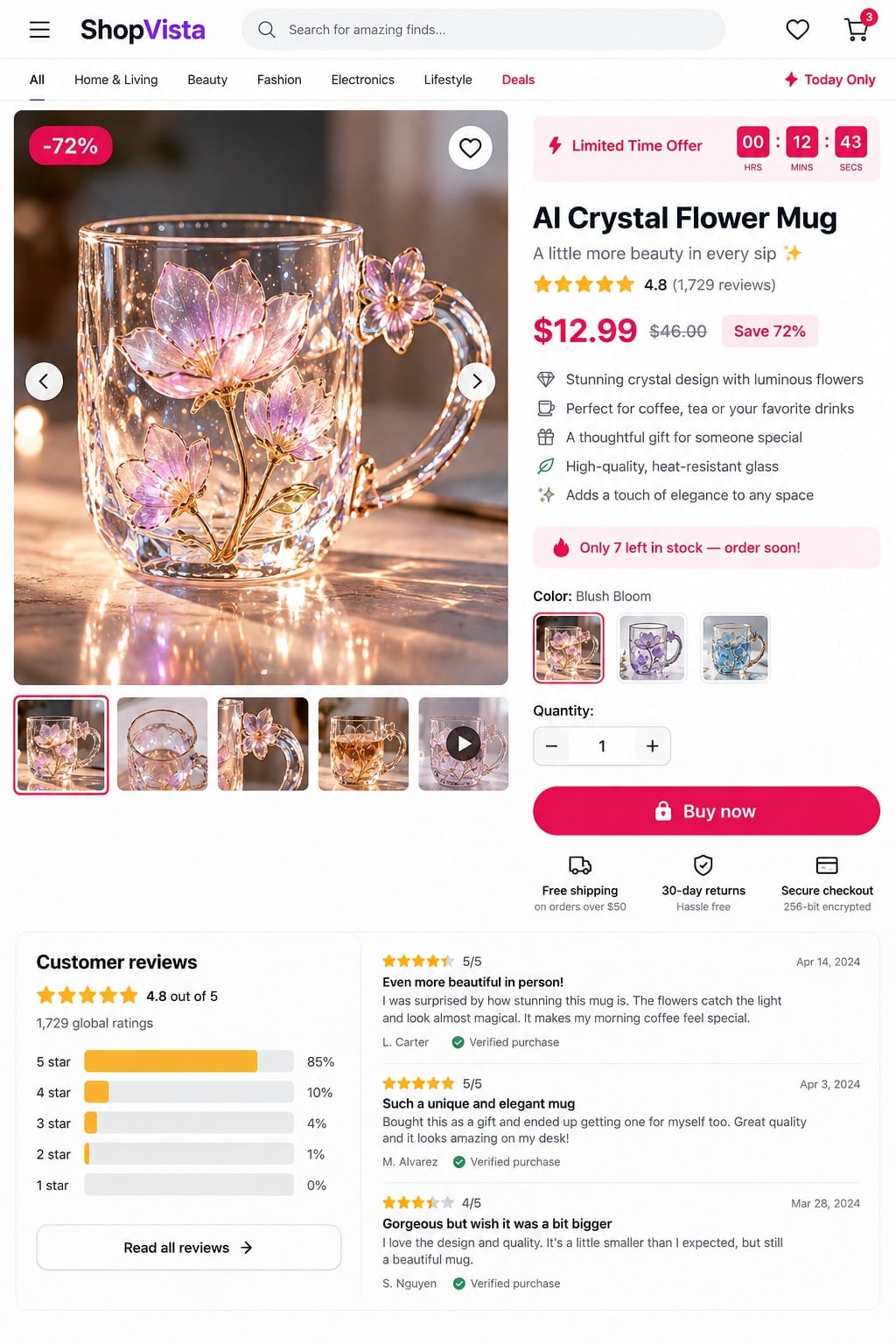 AI Crystal Mug Scam: How Fake Product Photos Turn Viral Ads Into Cheap Junk 1 Reconstructed viral shopping page advertising an unrealistically luminous AI crystal flower mug