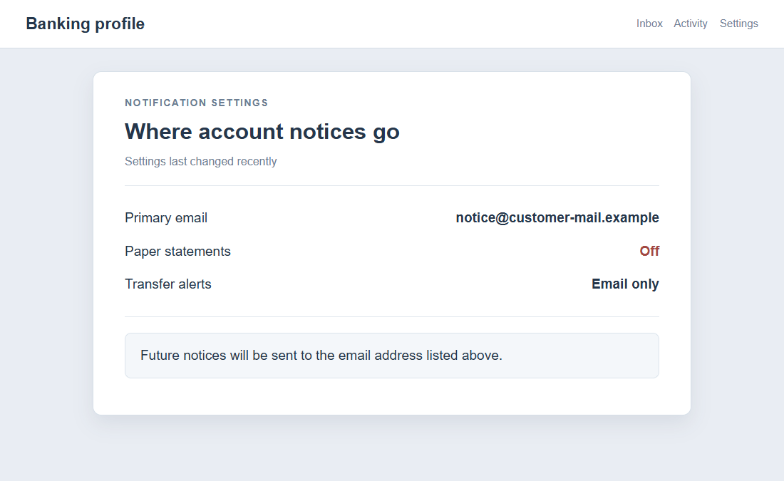 Flat on-screen reconstruction of altered online banking alert and statement settings
