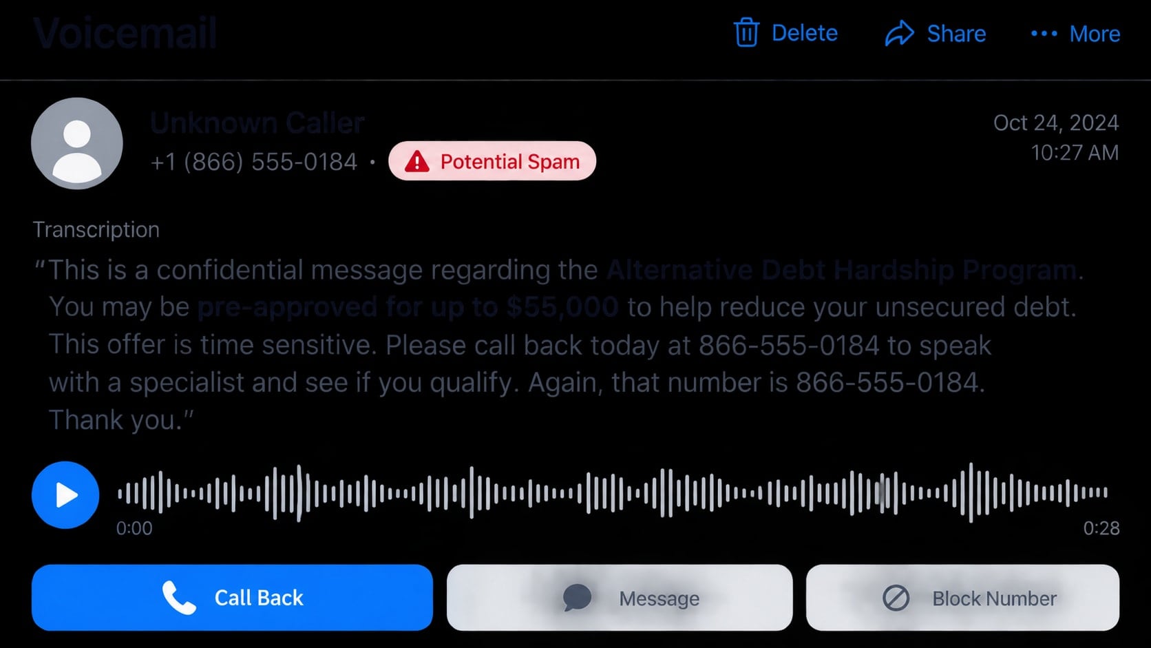 Alternative Debt Hardship Program Scam: How Fake Relief Calls Trap You 1 Reconstructed Alternative Debt Hardship Program scam voicemail offering up to $55,000