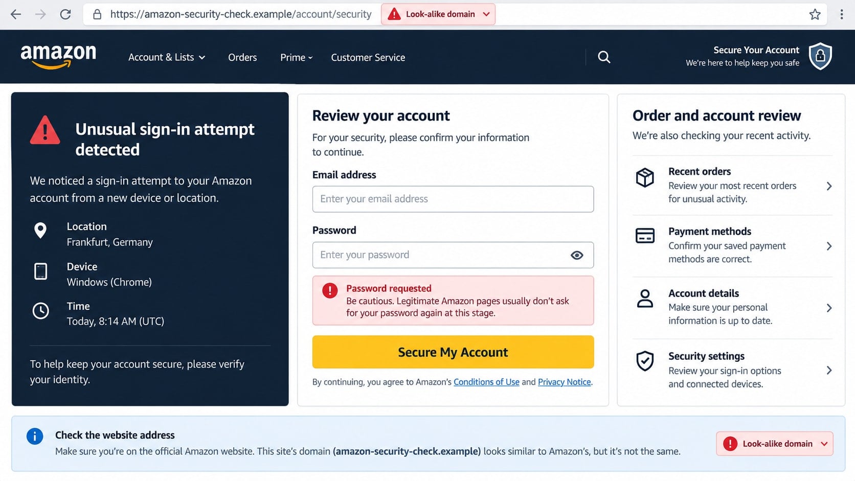 Amazon Verification Code Scam: How One Text Can Take Over Your Account 2 Reconstructed fake Amazon security page requesting an email address and password