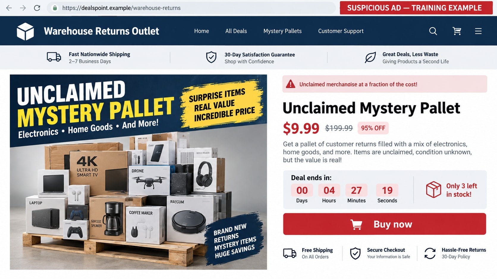 Reconstructed Amazon pallet scam advertisement promising a cheap mystery pallet
