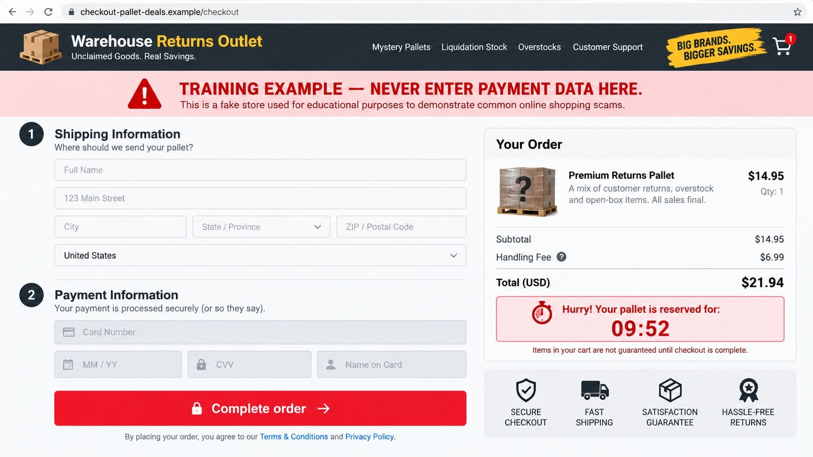 Reconstructed fake Amazon pallet checkout collecting card and delivery details