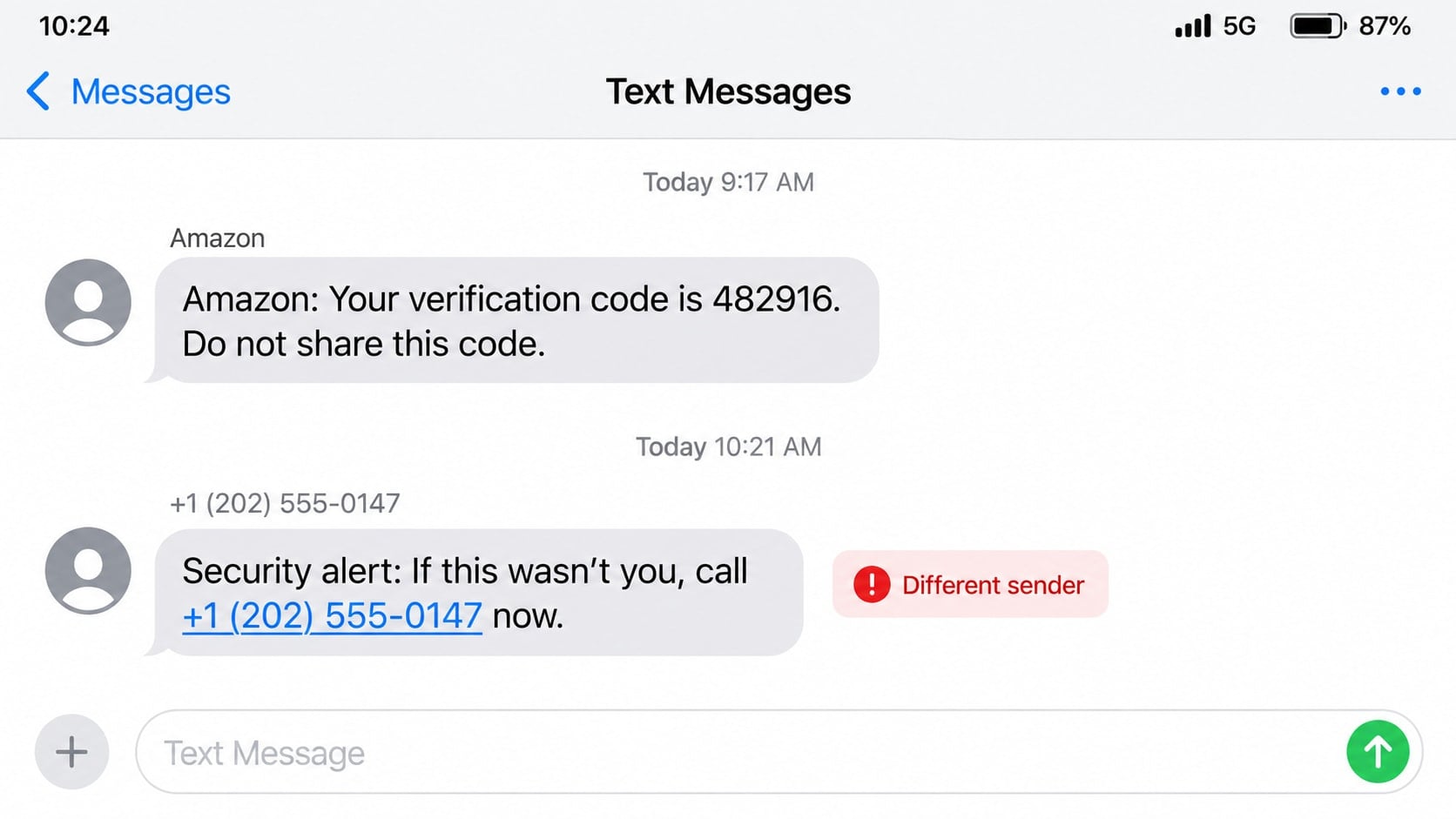 Amazon Verification Code Scam: How One Text Can Take Over Your Account 1 Reconstructed Amazon verification code scam texts arriving from different senders