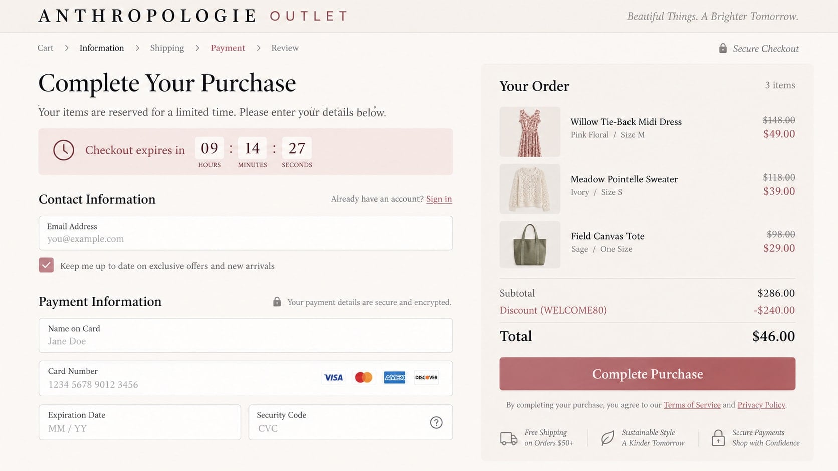Anthropologie Sale Scam: How Fake Outlet Stores Target Online Shoppers 2 Reconstructed fake Anthropologie outlet checkout with a large automatic discount