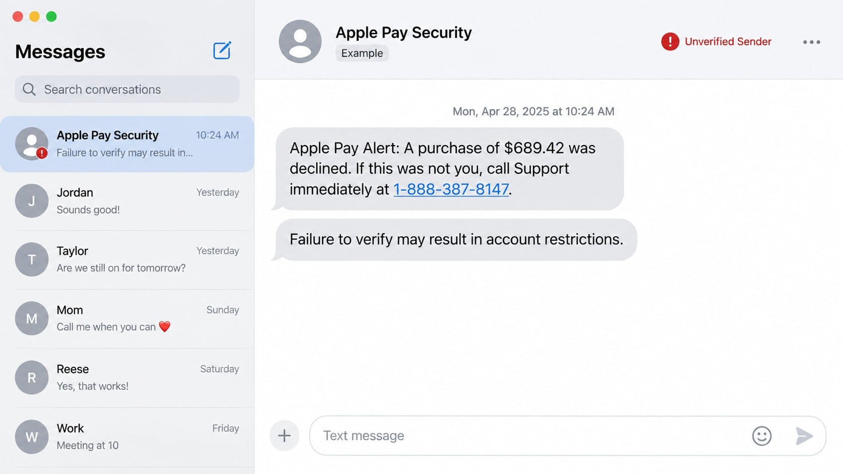 Reconstructed Apple Pay scam text directing recipients to call 888-387-8147