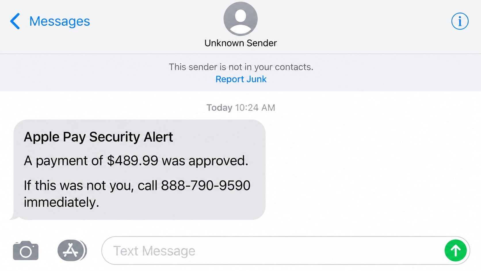 Apple Pay 888-790-9590 Scam Text: How the Fake Alert Steals Your Money 1 Reconstructed Apple Pay scam text directing recipients to call 888-790-9590