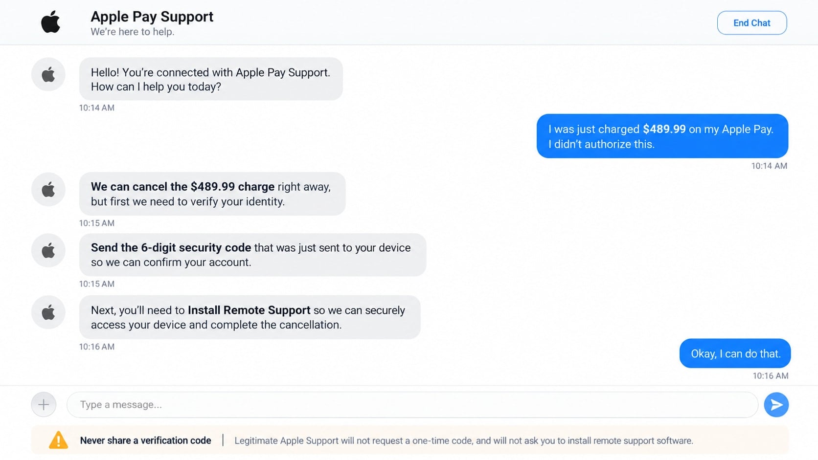 Apple Pay 888-790-9590 Scam Text: How the Fake Alert Steals Your Money 2 Reconstructed fake Apple Pay support chat requesting a security code and remote access