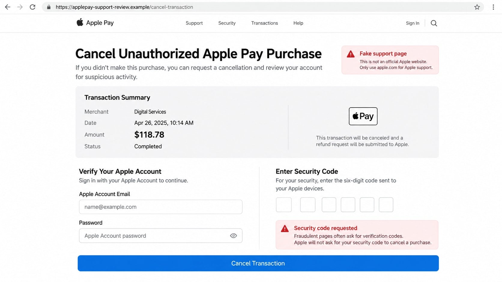 Reconstructed fake Apple Pay support page asking for a password and security code