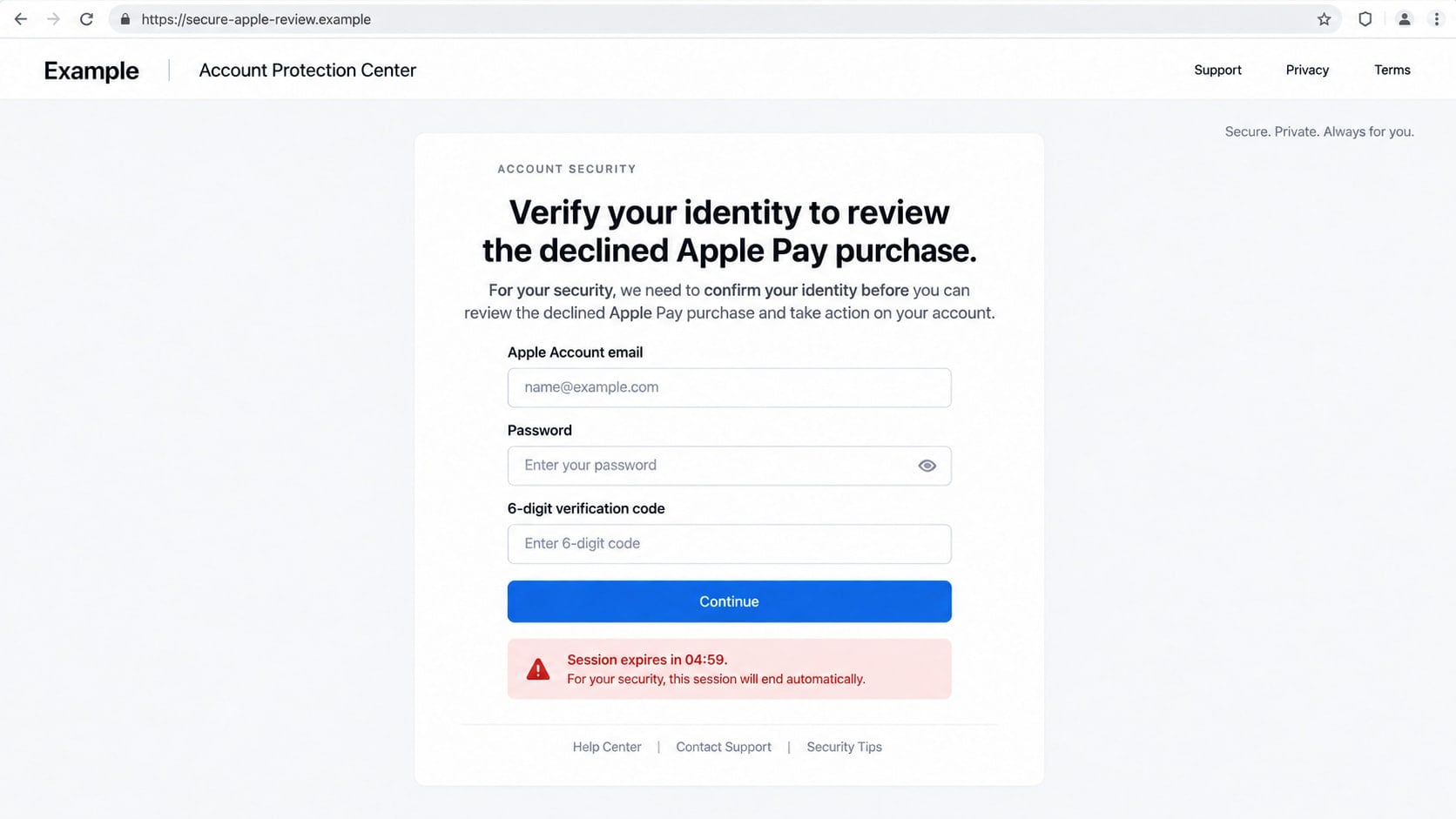 Reconstructed fake Apple Account verification page requesting a password and security code