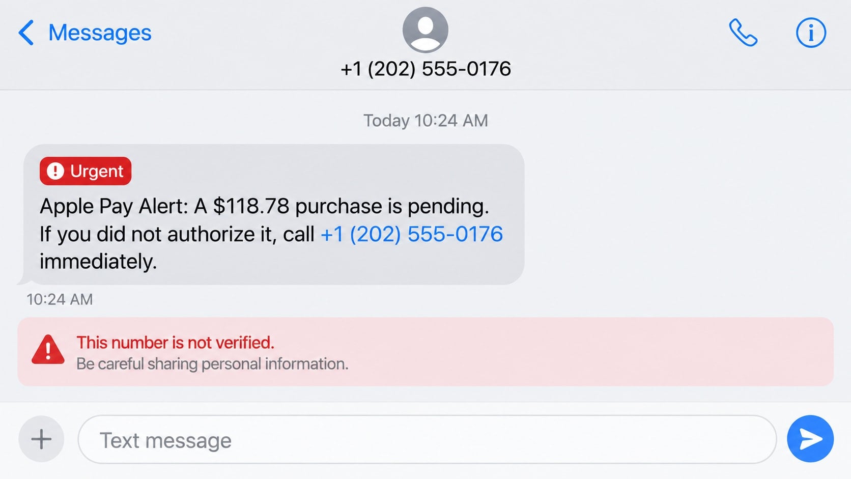 Reconstructed Apple Pay scam message claiming a $118.78 purchase is pending