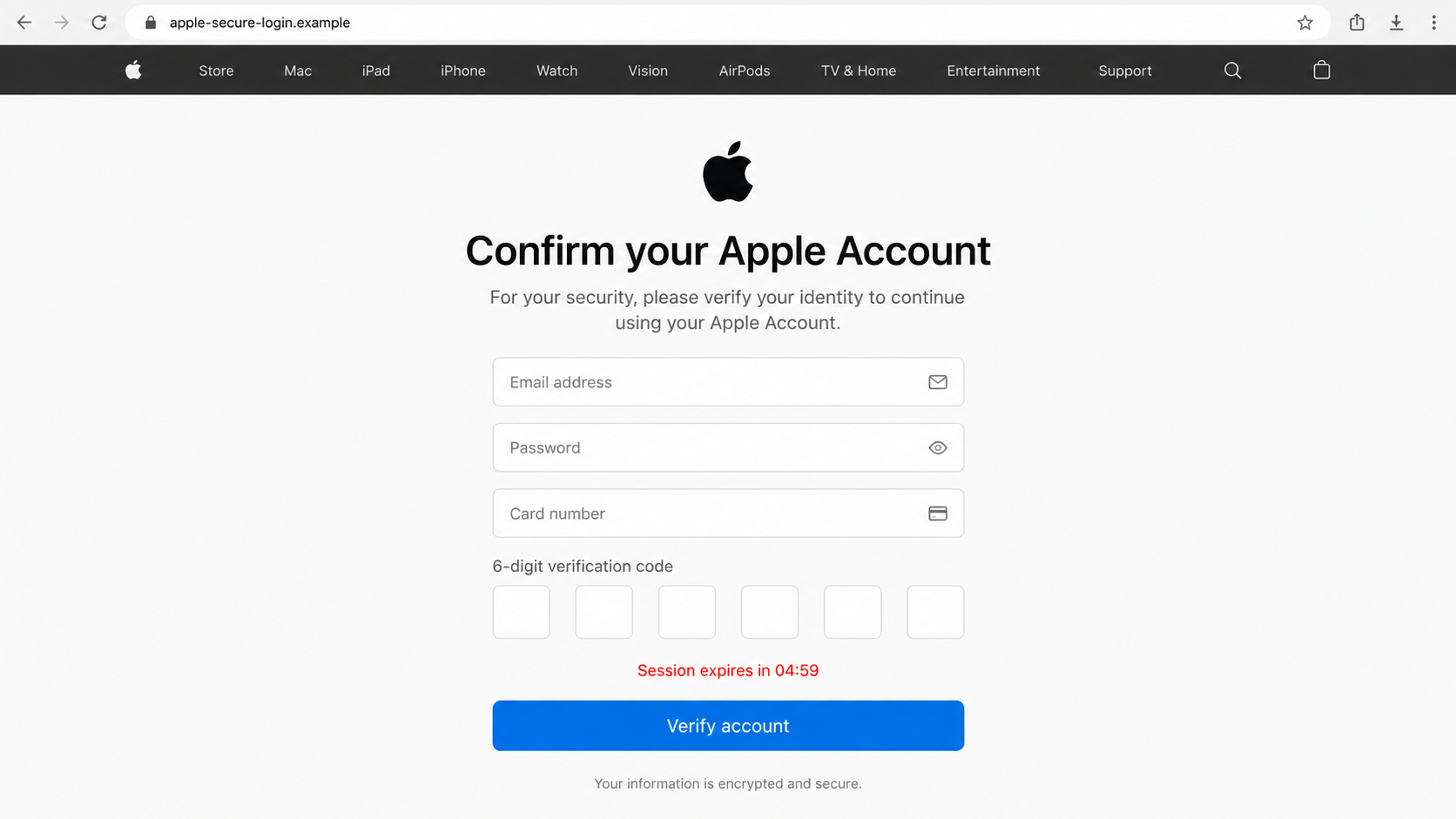 Apple Pay Text Message Scam: How Fake Alerts Steal Accounts and Money Fast 2 Reconstructed fake Apple Account page requesting login card and six-digit verification code
