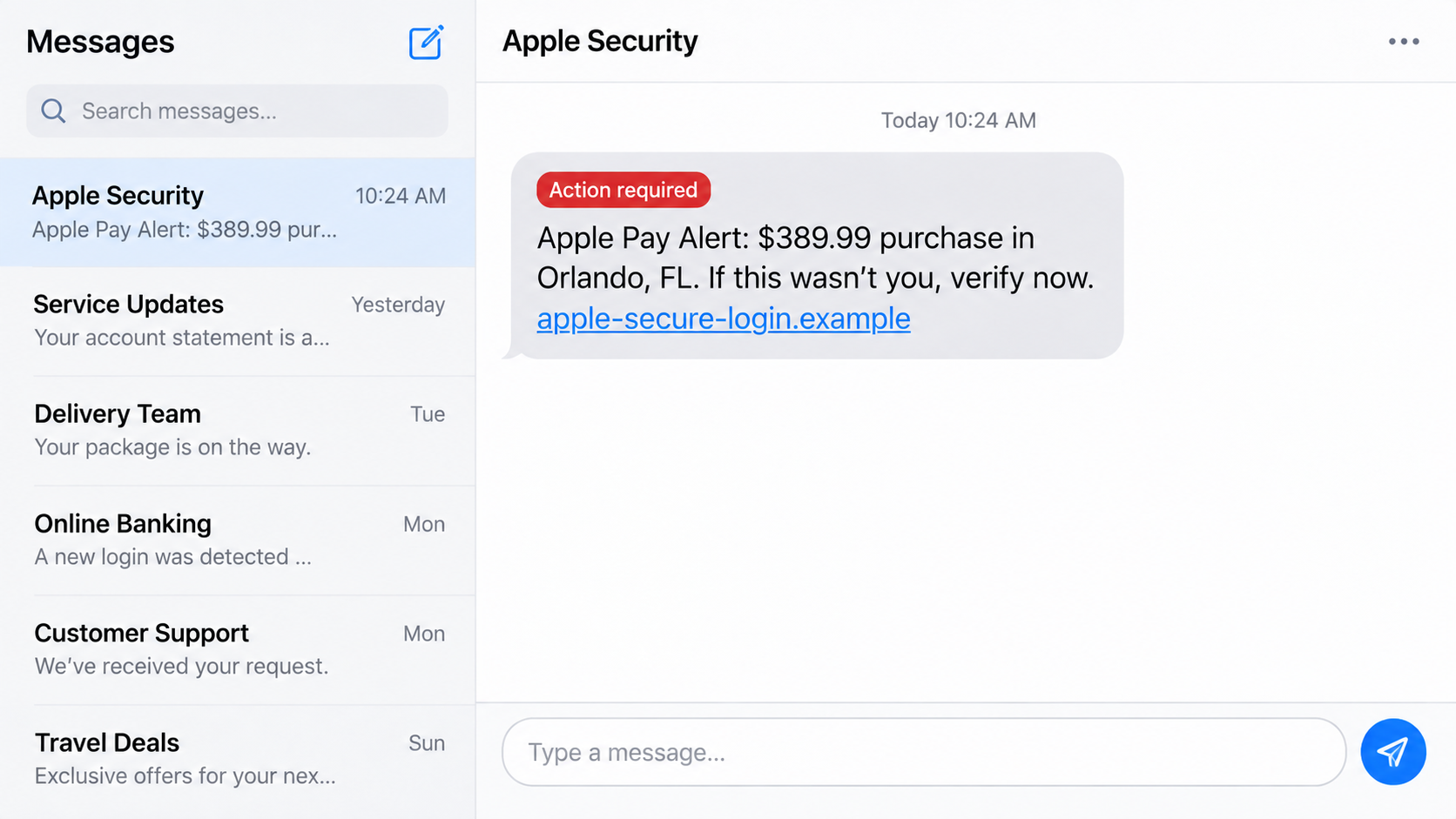 Apple Pay Text Message Scam: How Fake Alerts Steal Accounts and Money Fast 1 Reconstructed Apple Pay text message claiming an unauthorized $389.99 purchase