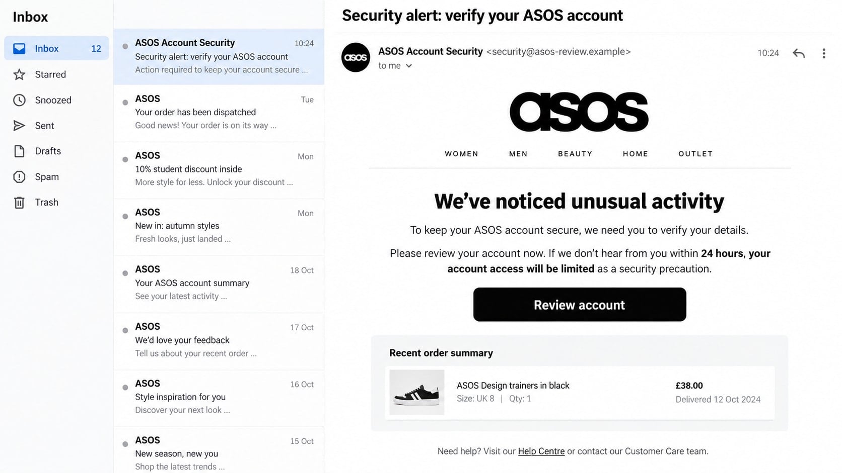 Reconstructed ASOS login scam email warning that an account needs urgent verification