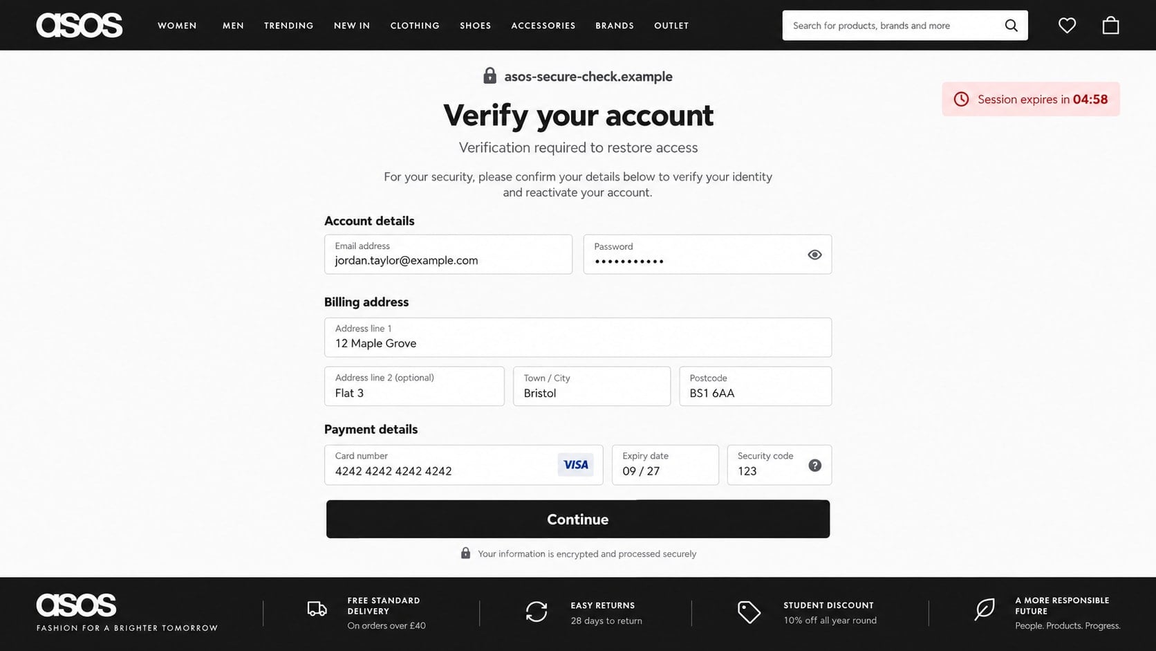 Reconstructed fake ASOS verification page requesting login and payment details