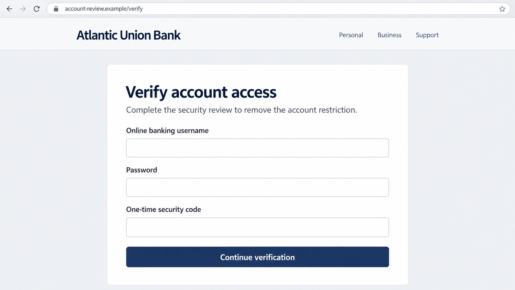 Atlantic Union Bank Scam: Fake Security Alerts Can Steal Your Login Codes 2 Illustrative reconstruction of a fake bank verification page requesting a username password and one-time code