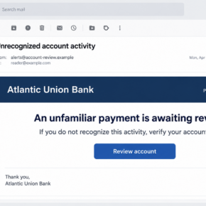 Illustrative reconstruction of an Atlantic Union Bank impersonation email with an account review button