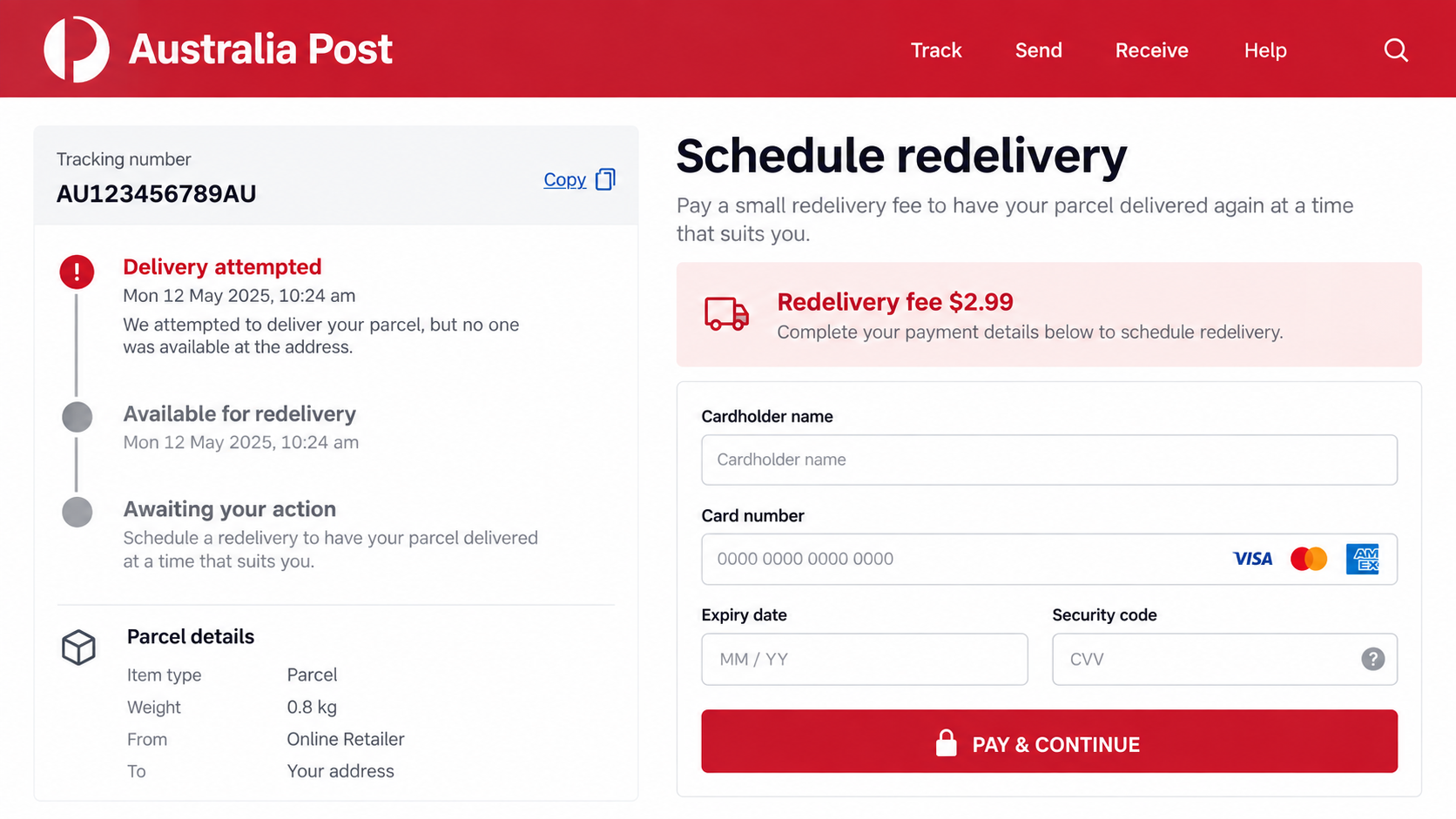 Australia Post Scam Texts: How Fake Delivery Alerts Steal Card Details 2 Reconstructed fake Australia Post redelivery page requesting card details for a small fee