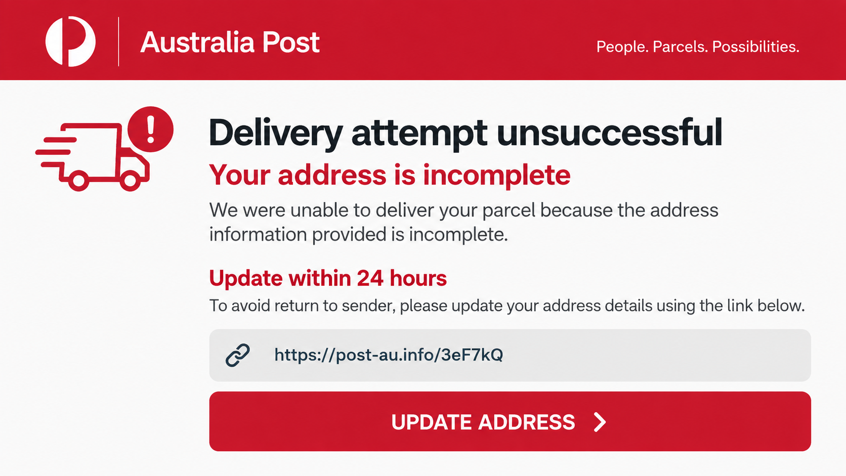 Australia Post Scam Texts: How Fake Delivery Alerts Steal Card Details 1 Reconstructed Australia Post scam text claiming a parcel needs address confirmation