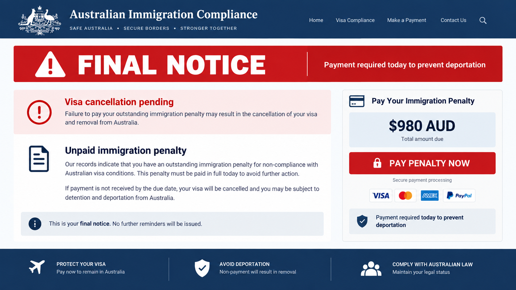 Reconstructed fake visa compliance notice demanding an immediate penalty payment