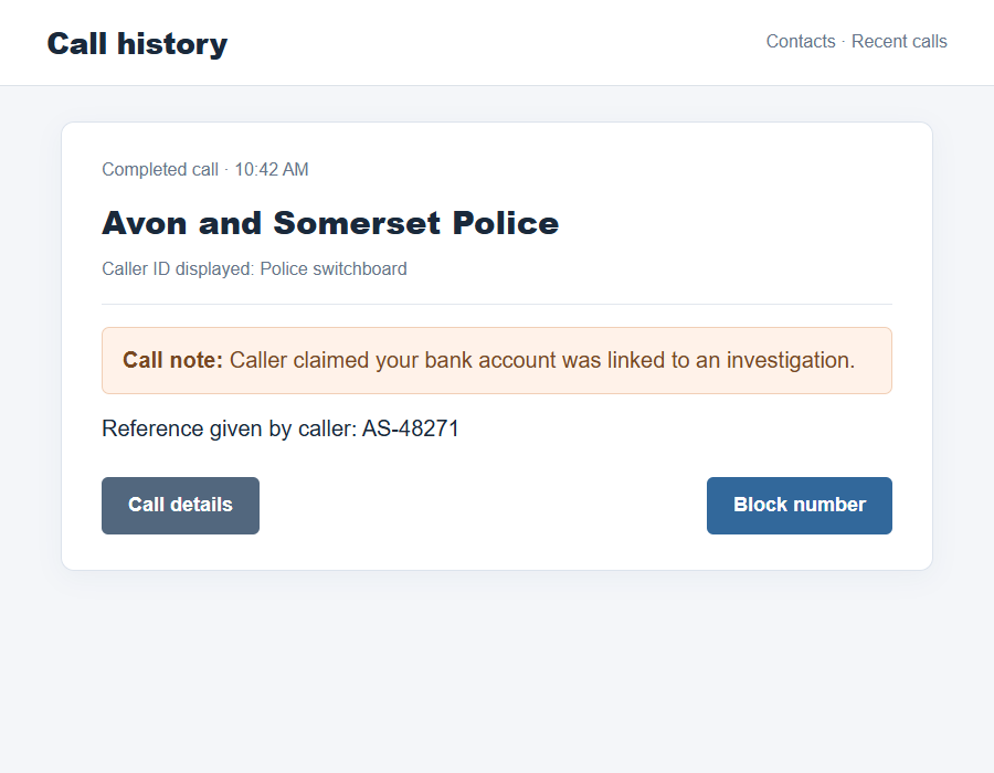 Avon and Somerset Police Scam Calls: Spoofed Numbers and Safe Account Trap 1 Flat on-screen illustration of a call screen showing an apparent police number and an urgent security claim