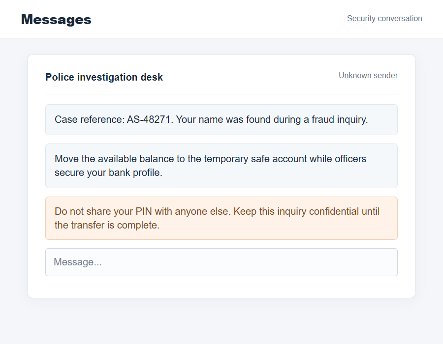 Avon and Somerset Police Scam Calls: Spoofed Numbers and Safe Account Trap 2 Flat on-screen illustration of a fake investigation message directing a person to move money to a safe account