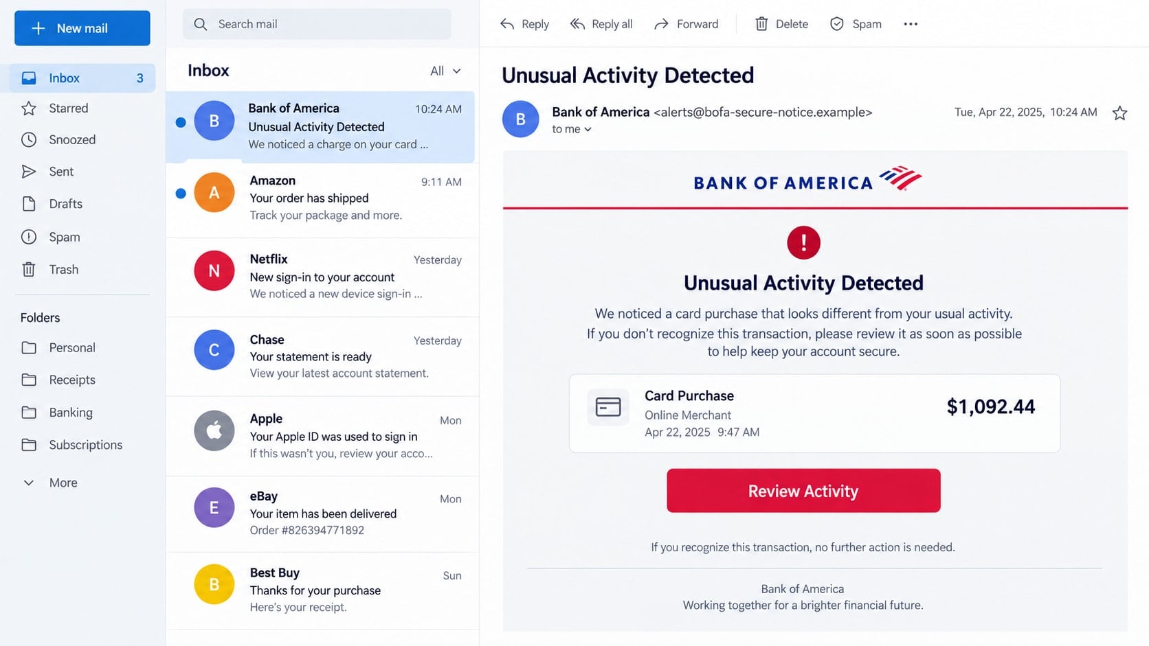 Bank of America Alert Scam: How Fake Fraud Texts Drain Your Account Fast 1 Reconstructed Bank of America alert scam email claiming a $1,092.44 card purchase
