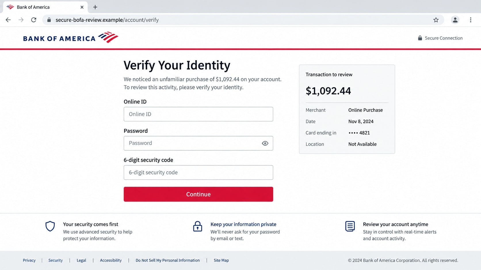 Bank of America Alert Scam: How Fake Fraud Texts Drain Your Account Fast 2 Reconstructed fake Bank of America verification page requesting login and security code details
