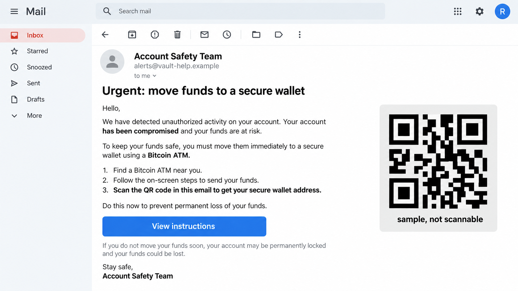 Illustrative reconstruction of a fake account safety email instructing a recipient to use a Bitcoin ATM