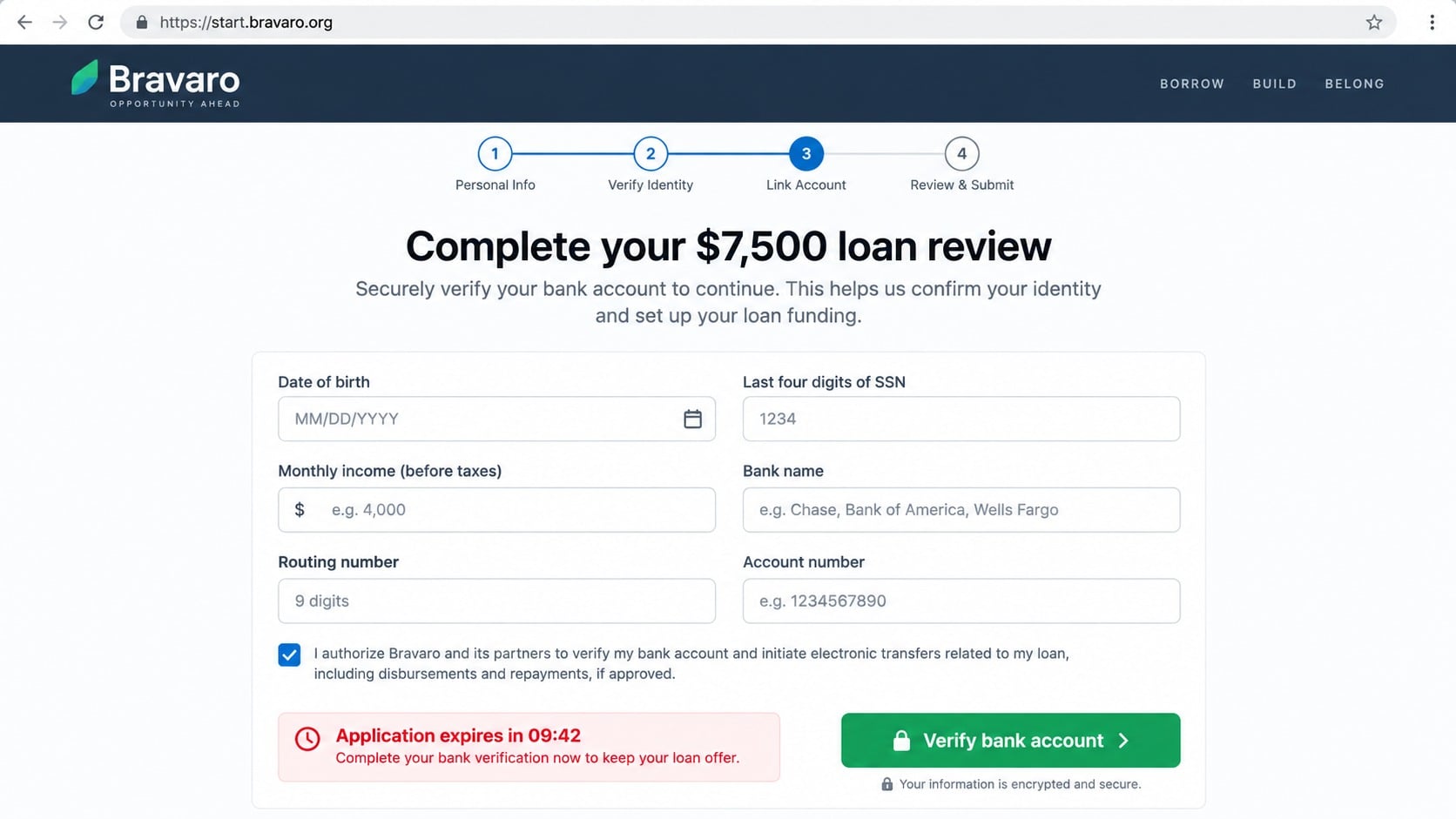 Bravaro Loan Text Scam: How Fake Approval Messages Steal Your Identity 2 Bravaro loan review page requesting SSN and bank account information