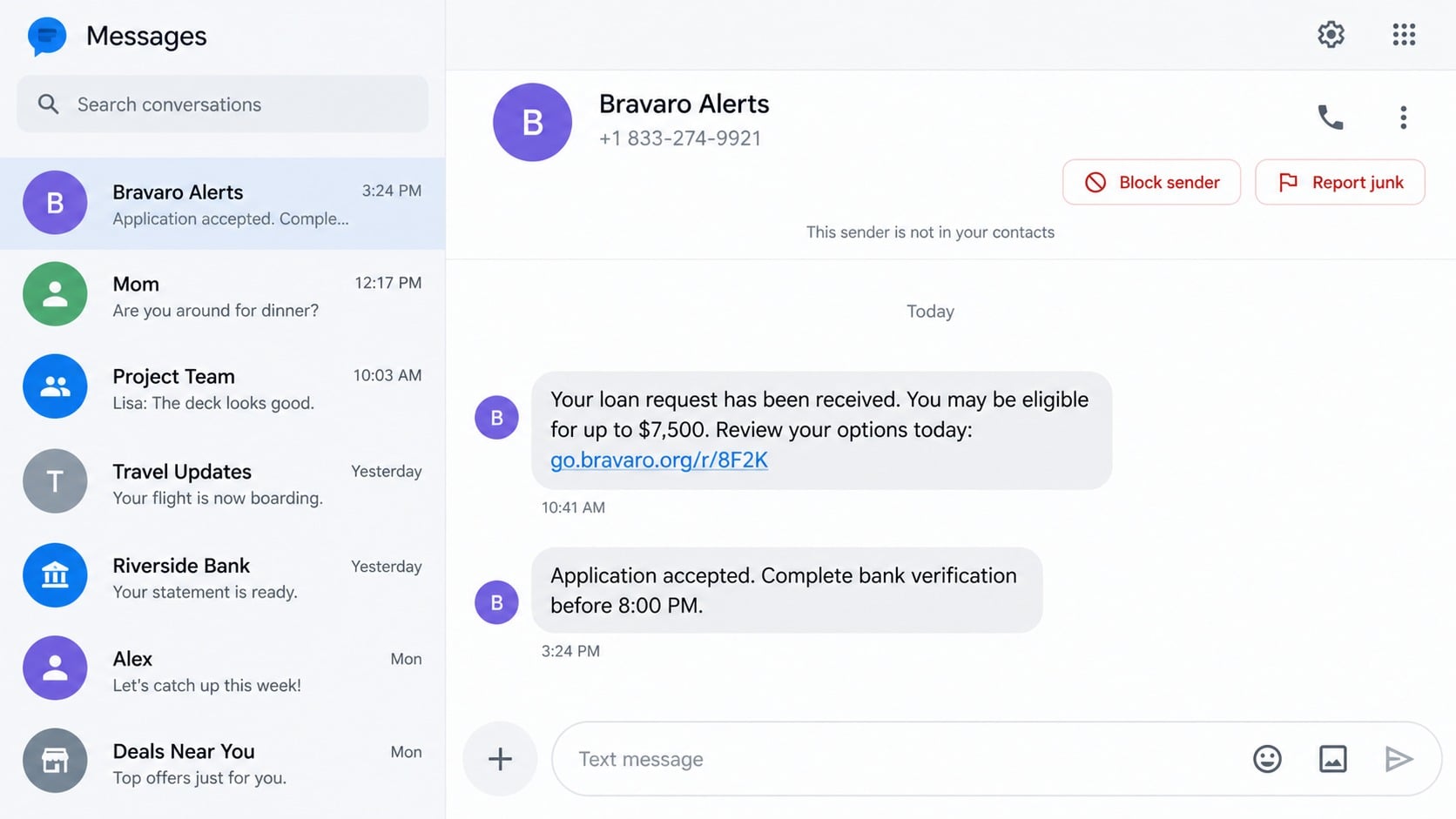 Bravaro Loan Text Scam: How Fake Approval Messages Steal Your Identity 1 Bravaro loan text claiming a $7,500 application was accepted