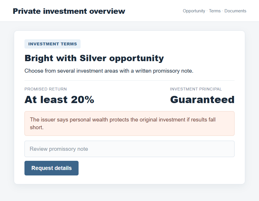 Bright with Silver Investment Scam: 20% Promises and $14.25M in Losses 1 Flat investment offer screenshot illustrating a promissory note promising at least 20% returns
