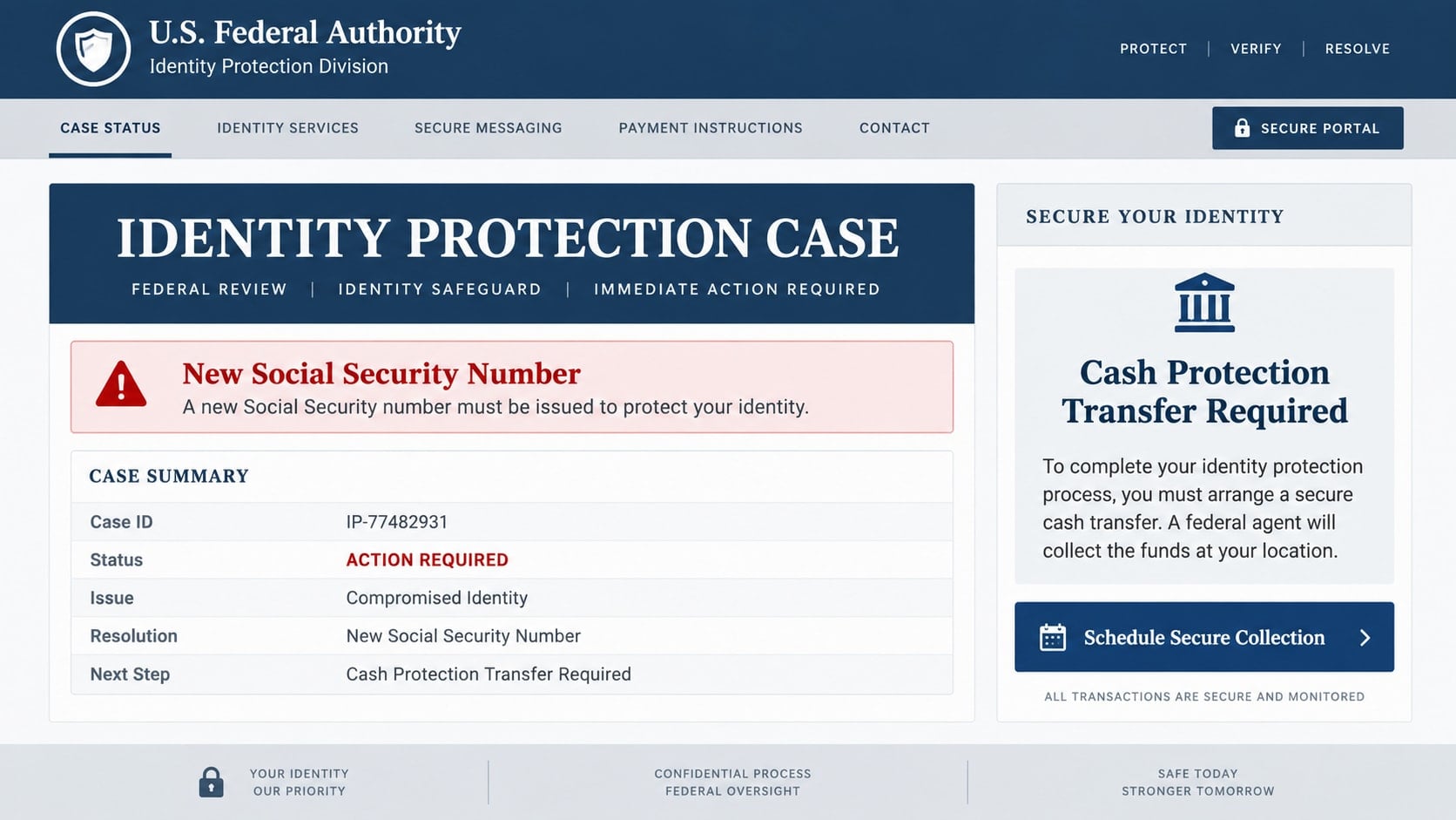 Reconstructed fake federal identity portal demanding a cash protection transfer for a new Social Security number