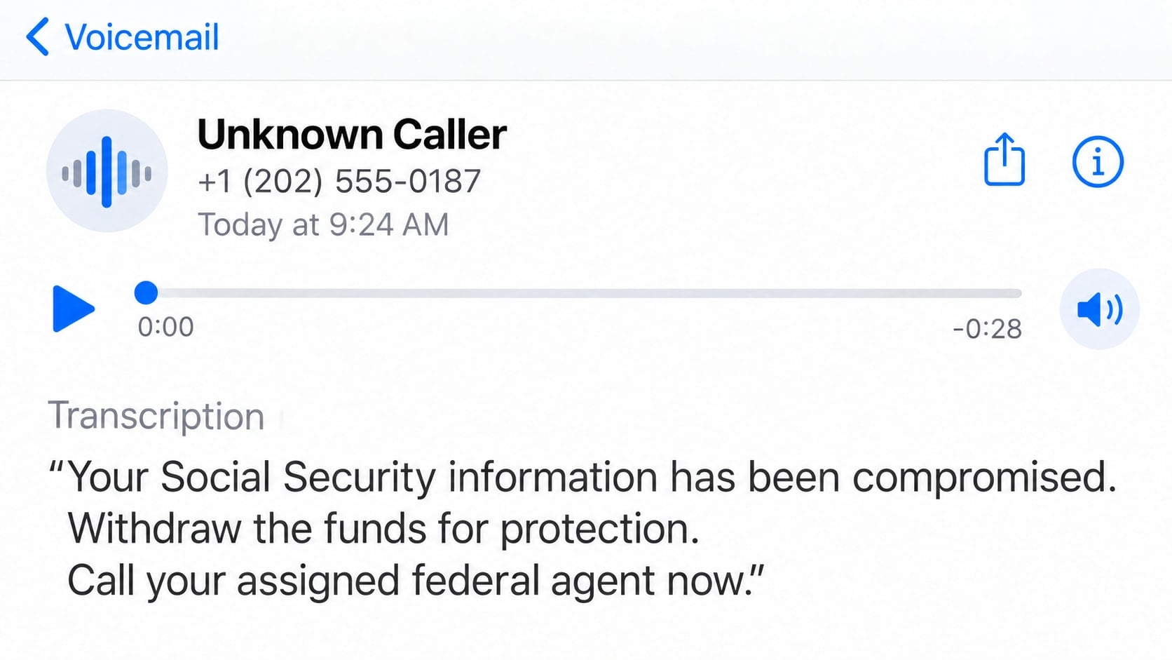 Reconstructed Brighton federal agent scam voicemail claiming Social Security information was compromised