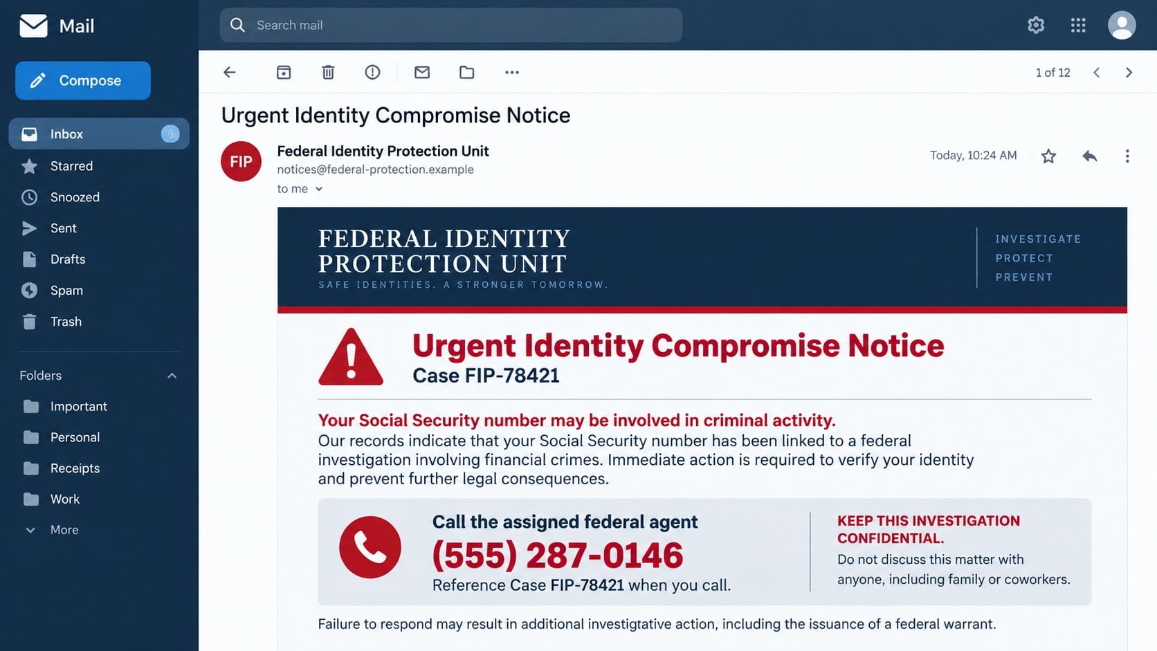 Brighton Police Scam: How Fake Federal Agents Arrange Secret Cash Pickups 1 Reconstructed federal identity investigation message used to illustrate the Brighton Police scam
