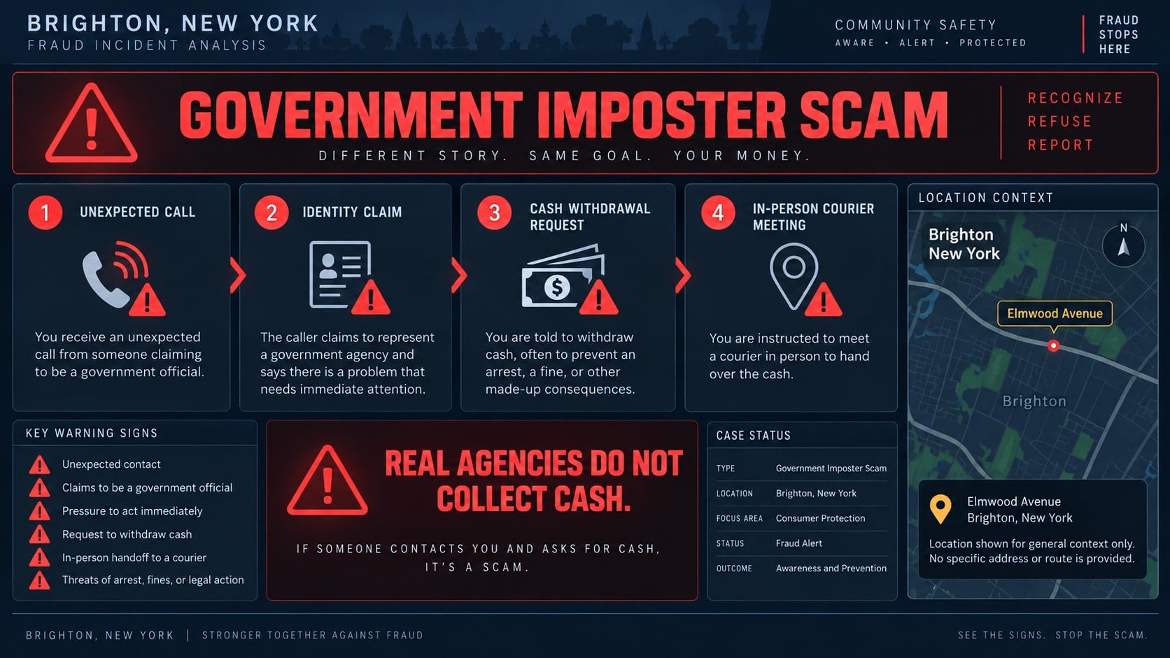 Brighton Police Elmwood Avenue Scam: How Fake Federal Agents Steal Cash 2 Reconstructed Brighton government imposter scam flow showing a cash withdrawal and courier meeting