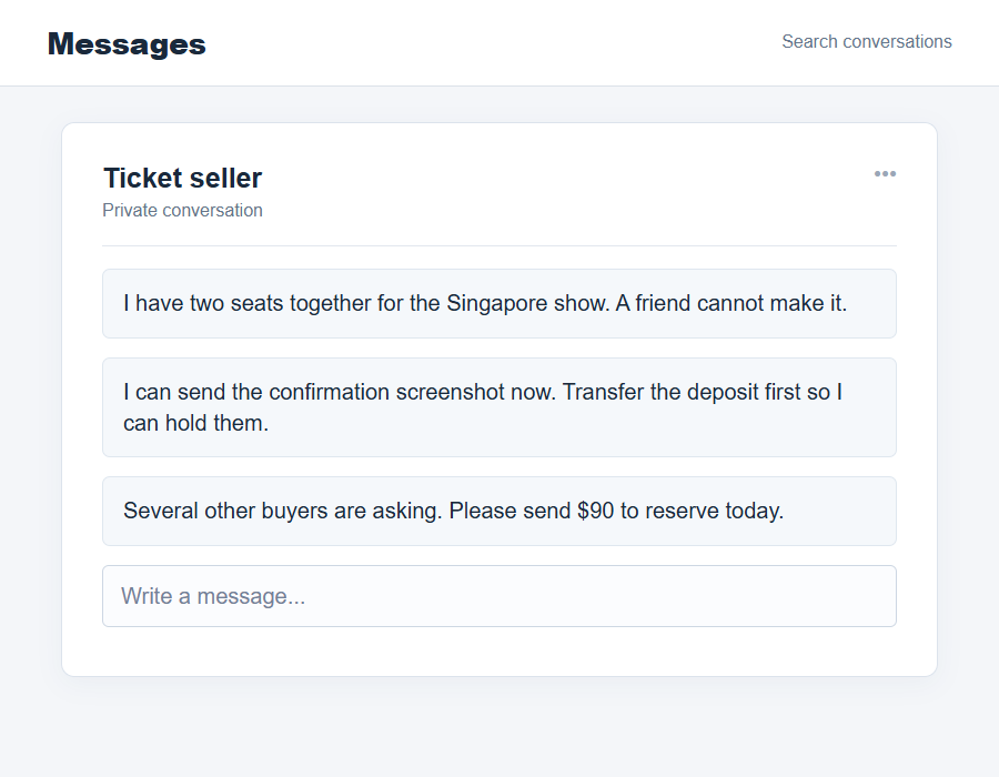 Bruno Mars Ticket Scam: Fake Singapore Resale Listings and Payment Traps 2 Flat on-screen illustration of a ticket seller asking for an advance transfer in a private chat