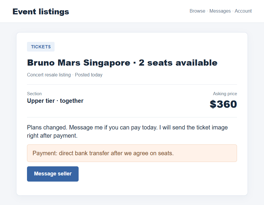 Bruno Mars Ticket Scam: Fake Singapore Resale Listings and Payment Traps 1 Flat on-screen illustration of an unverified Bruno Mars ticket resale listing with a request to message the seller