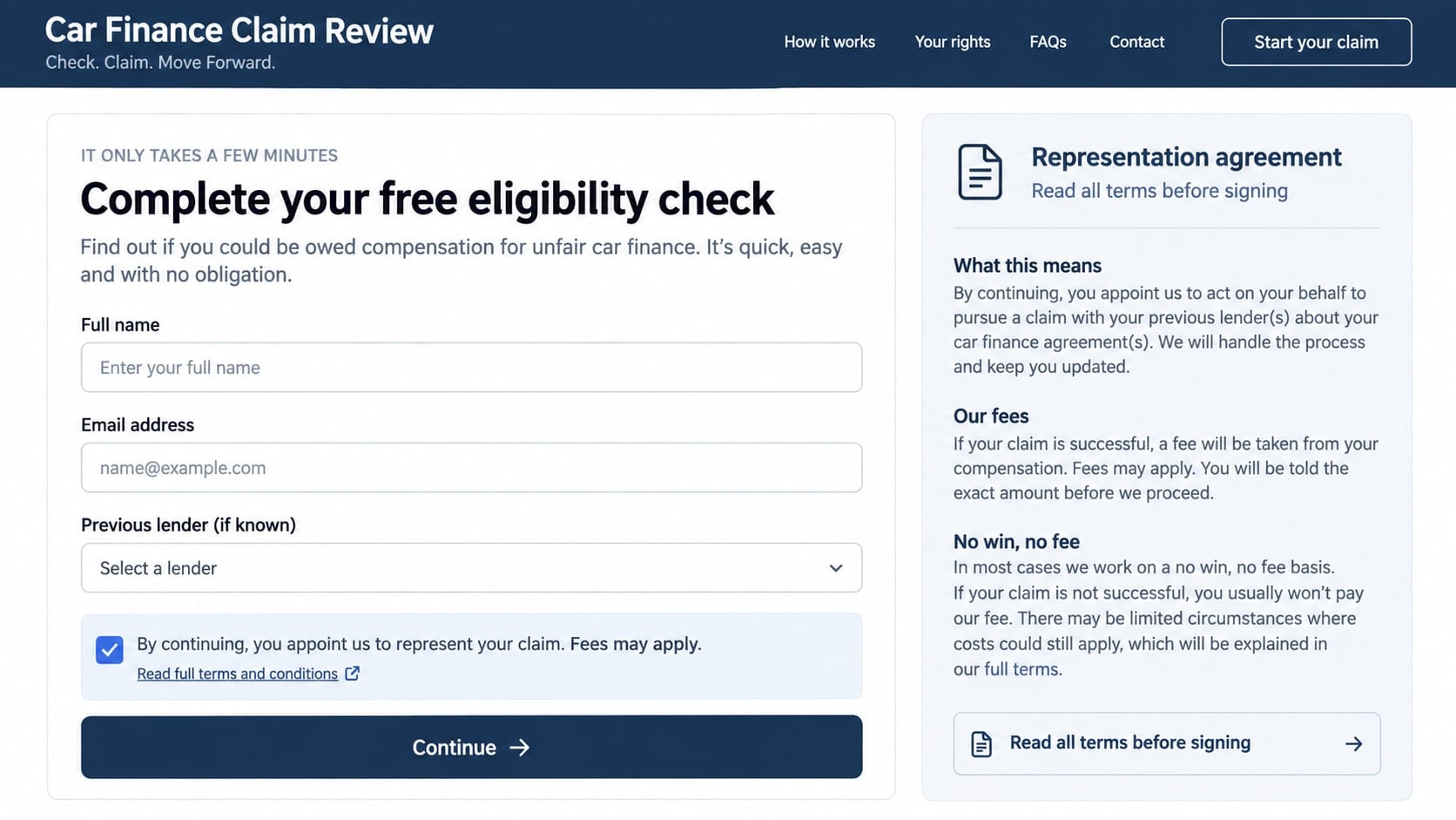 Fake Martin Lewis Car Finance Ads: Hidden Costs Behind That Free Check 2 Reconstructed car finance eligibility form with a representation agreement and fee disclosure