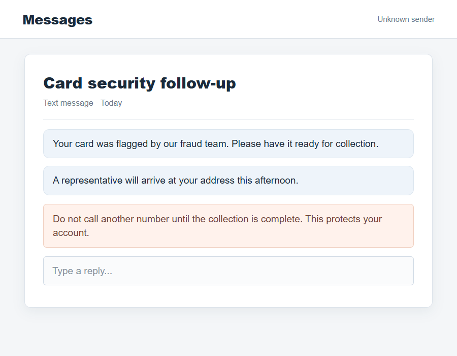 Flat message screenshot illustrating a request to leave a bank card for a supposed collection agent