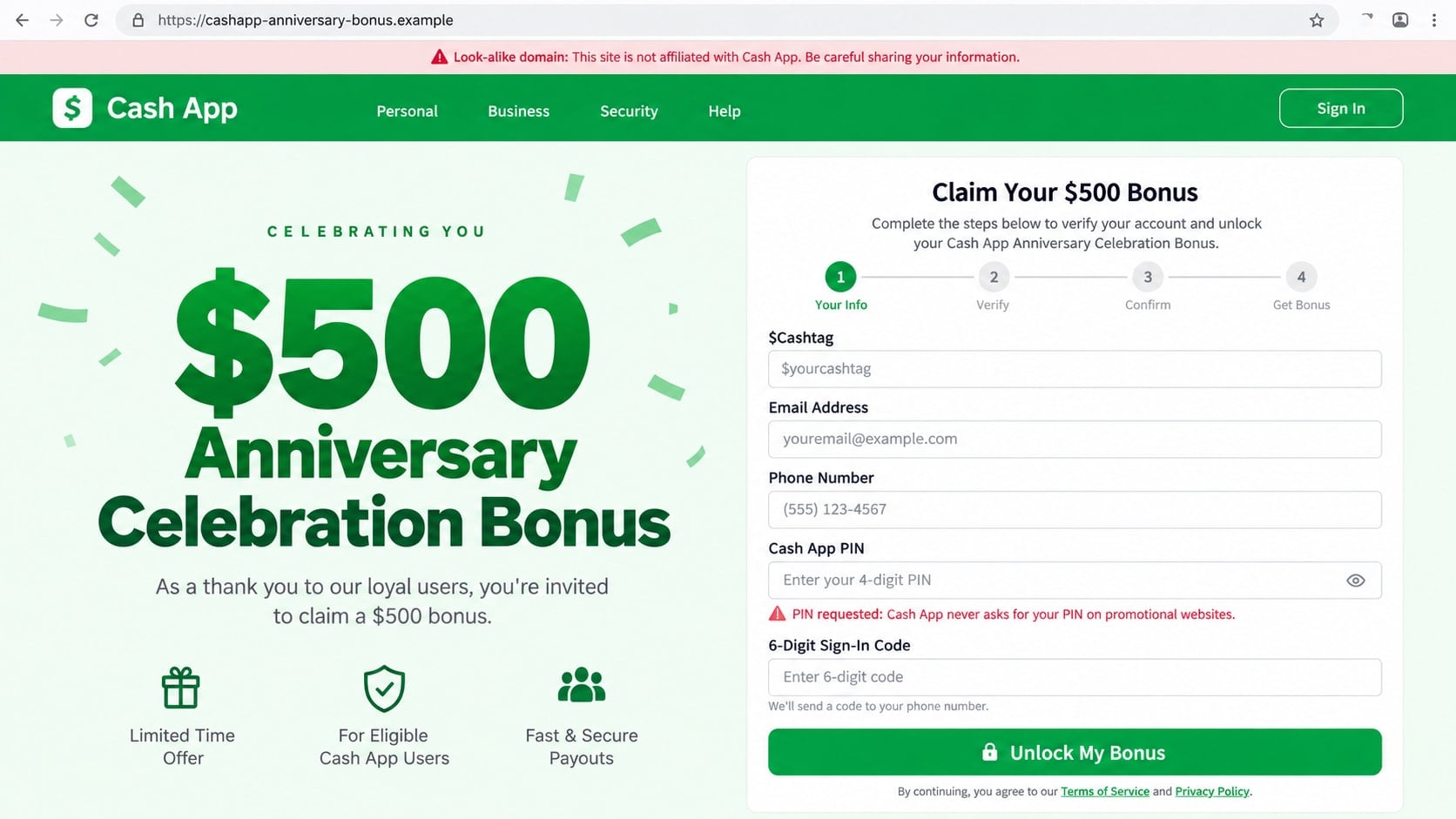 Reconstructed fake Cash App anniversary claim page requesting a PIN and sign-in code