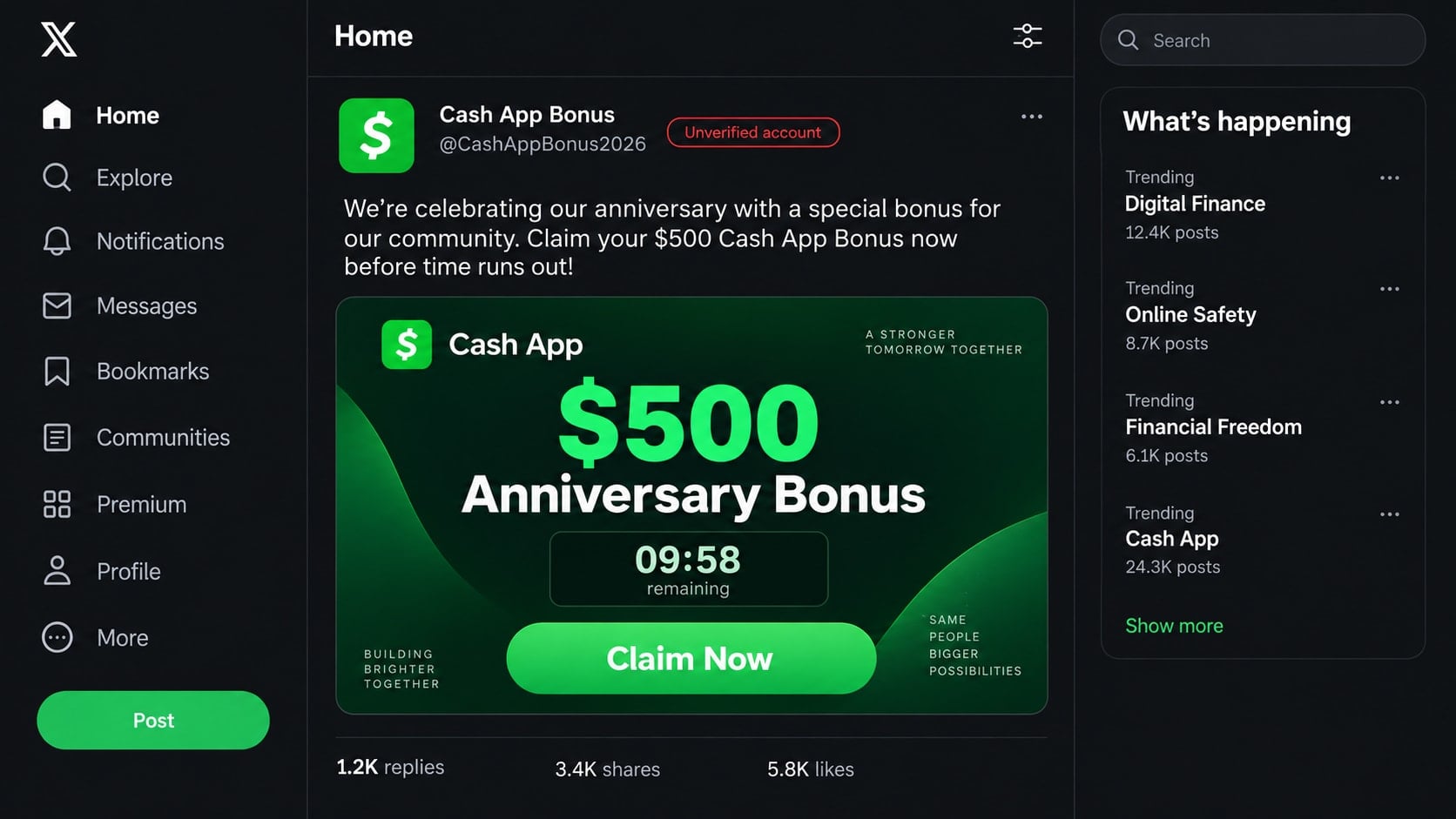 Reconstructed fake Cash App anniversary post advertising a $500 bonus