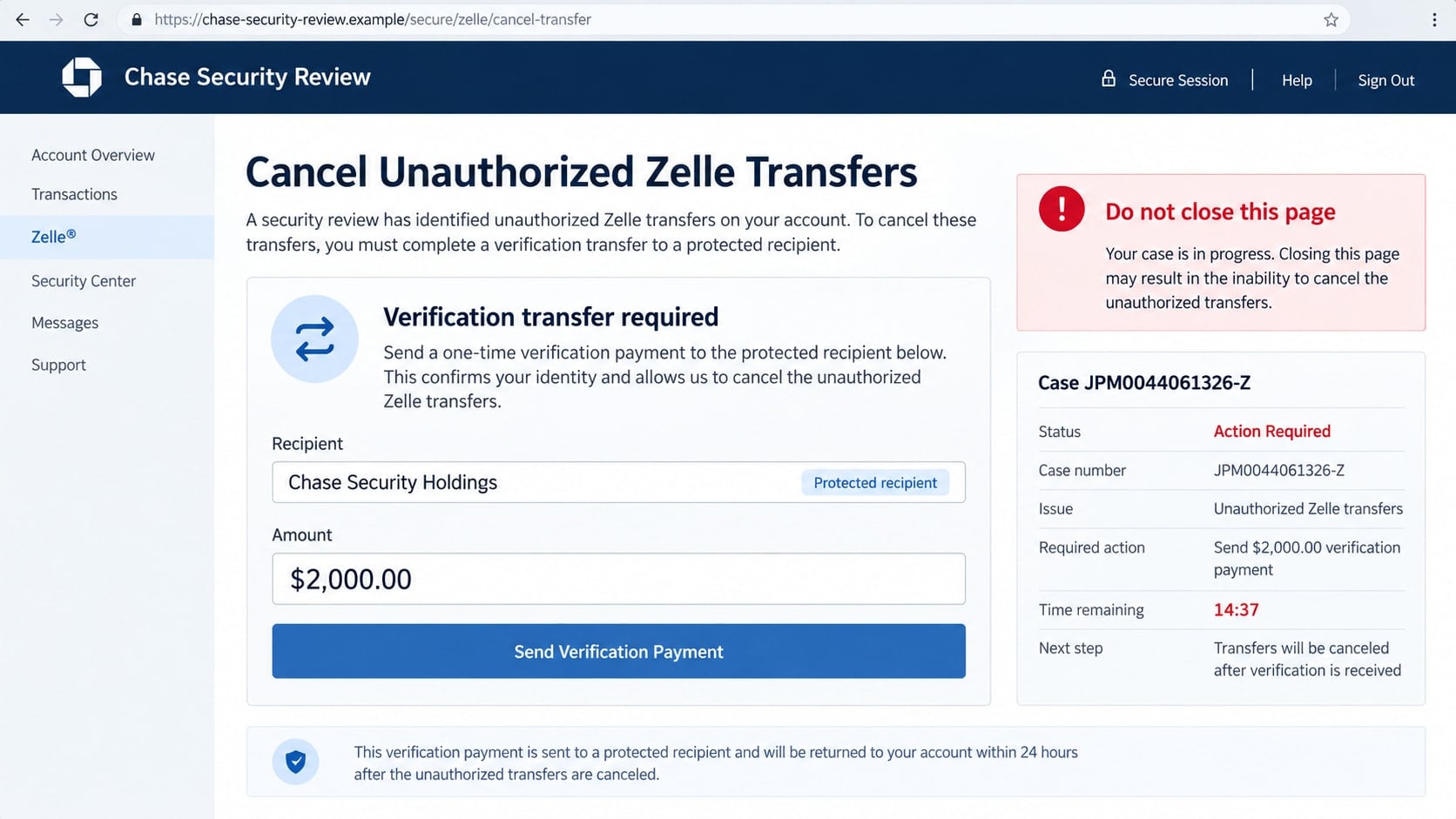 Reconstructed fake Zelle cancellation page requesting a $2,000 verification transfer