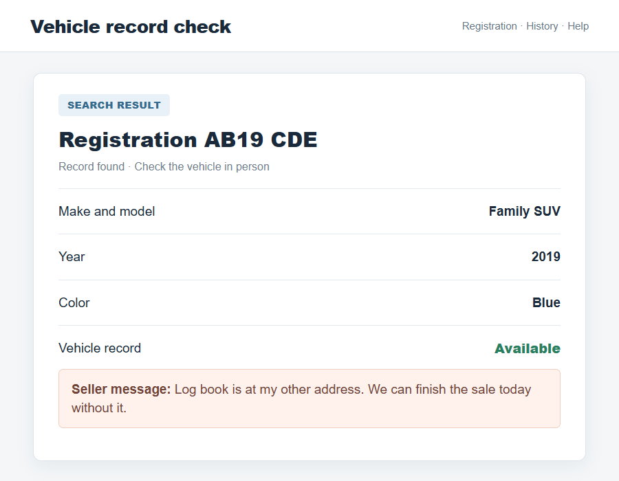 Cloned Vehicle Scam: How a Stolen Car Can Pass Checks and Cost You More 2 Flat online vehicle check screenshot showing a plausible registration result beside a seller's inconsistent information
