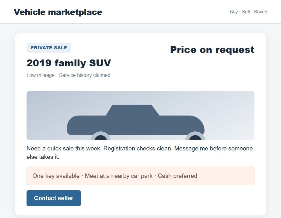 Cloned Vehicle Scam: How a Stolen Car Can Pass Checks and Cost You More 1 Flat car listing screenshot with an urgent private sale and below-market asking price