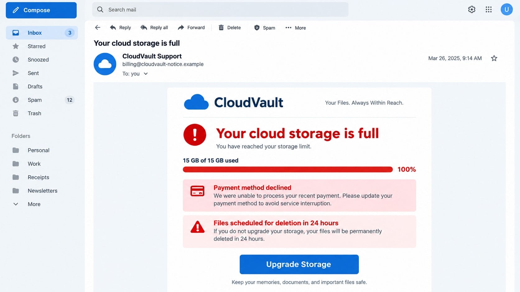 Cloud Services Scam Emails: How Fake Storage Alerts Steal Your Passwords 1 Reconstructed cloud storage full phishing email with an urgent upgrade button