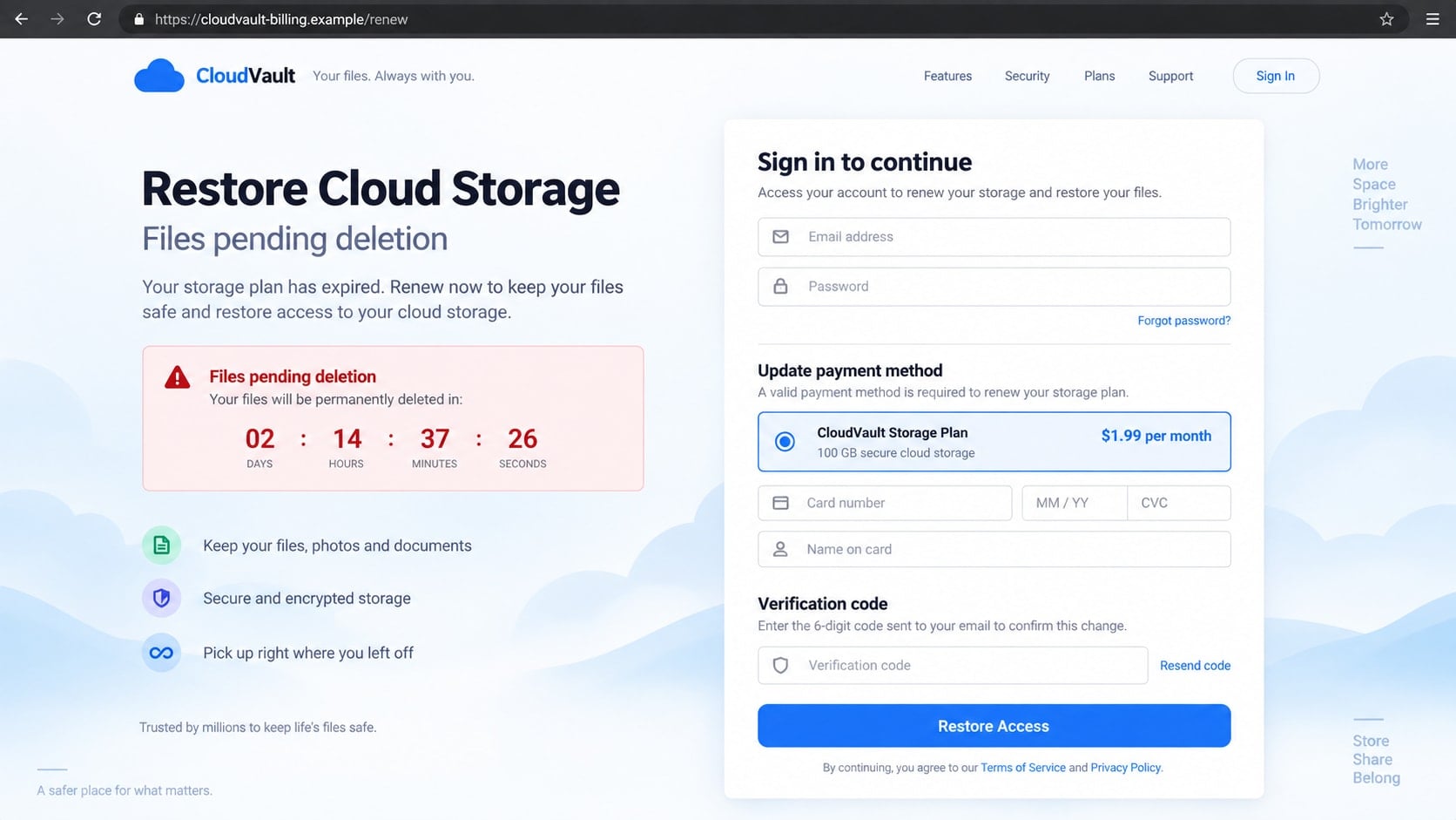 Cloud Services Scam Emails: How Fake Storage Alerts Steal Your Passwords 2 Reconstructed fake cloud storage login and payment verification page