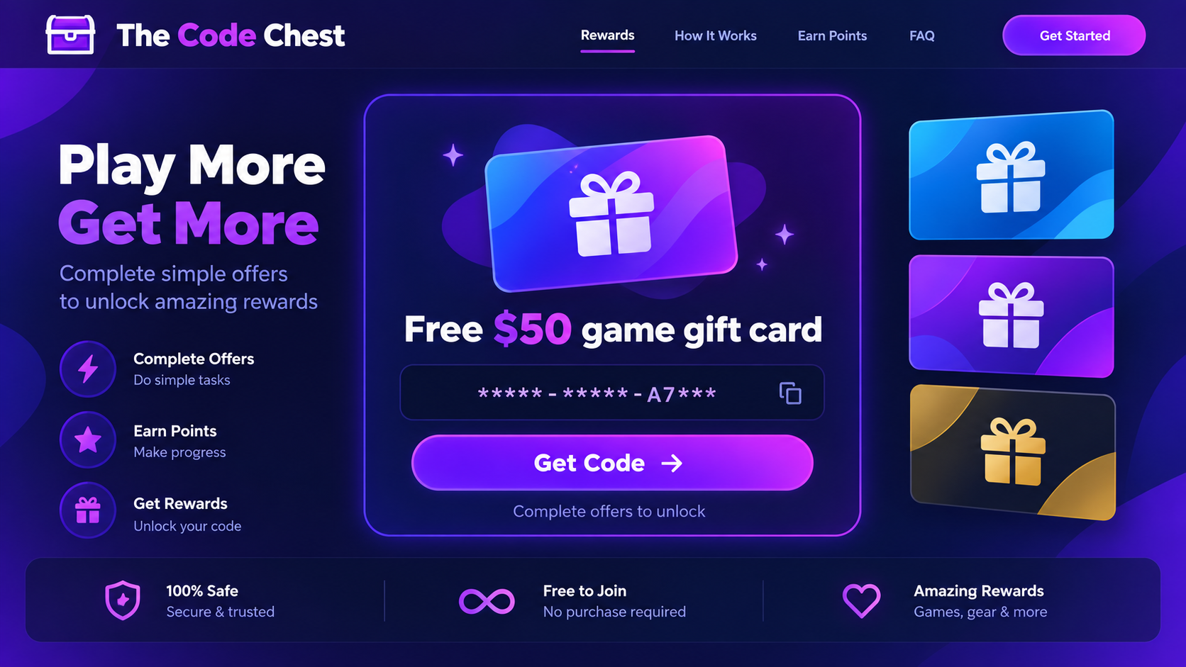 Illustrative reconstruction of an on-screen TheCodeChest-style free game code offer page without people or devices