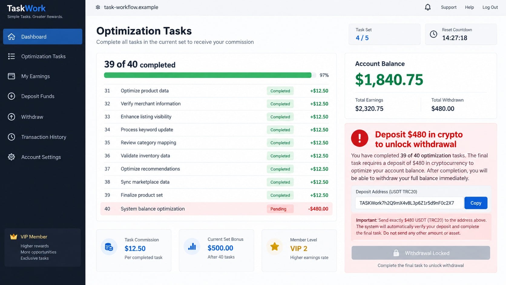 Fake optimization task dashboard demanding a crypto deposit to unlock withdrawal