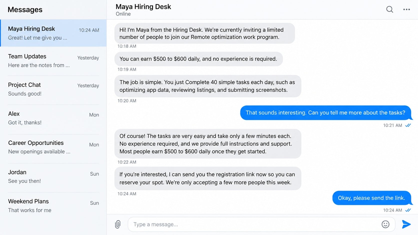 Fake remote optimization job offer promising high daily earnings